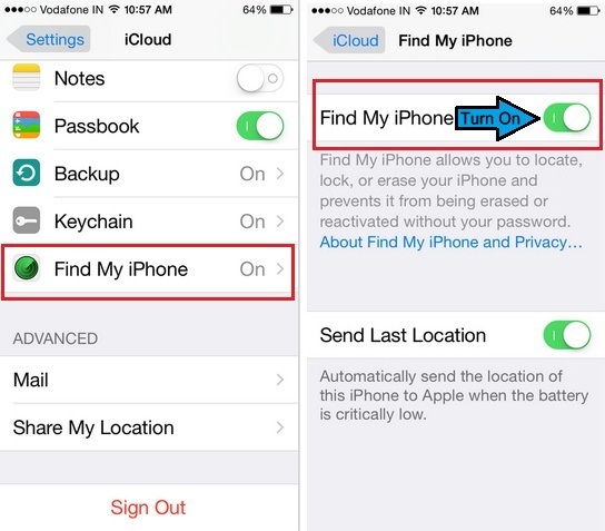 Turn on Find My iPhone